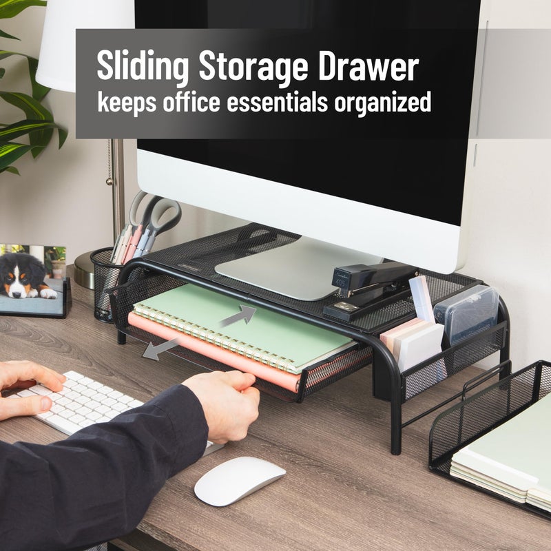 Mind Reader Monitor Stand, Ventilated Laptop Riser, Paper Tray, Storage, Office, Metal Mesh, 20"L x 11.5"W x 5.5"H, Black - Image 5